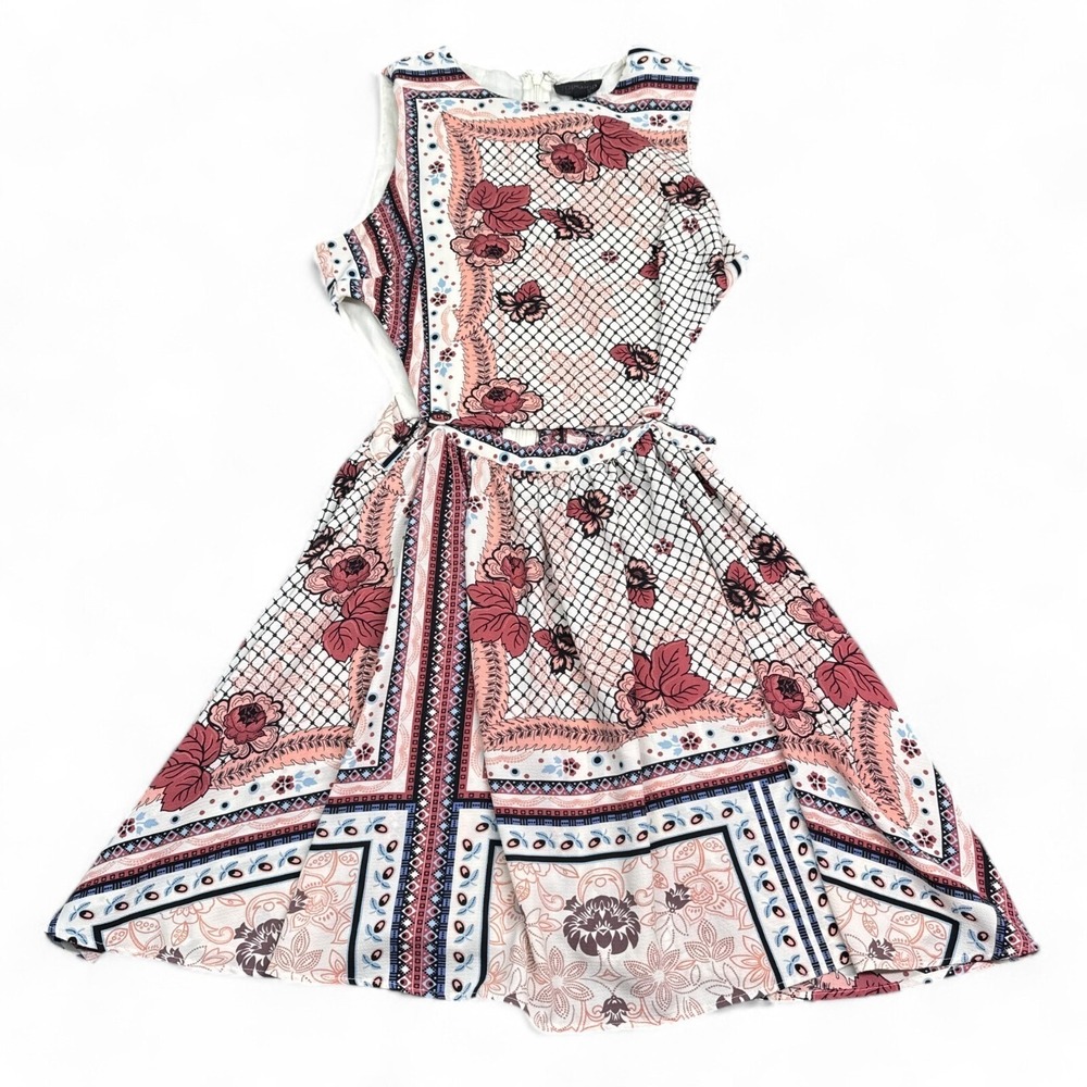 Topshop Flare Dress Womens Size 6 Copper Brown Cream‎ Floral Patchwork Cut Out